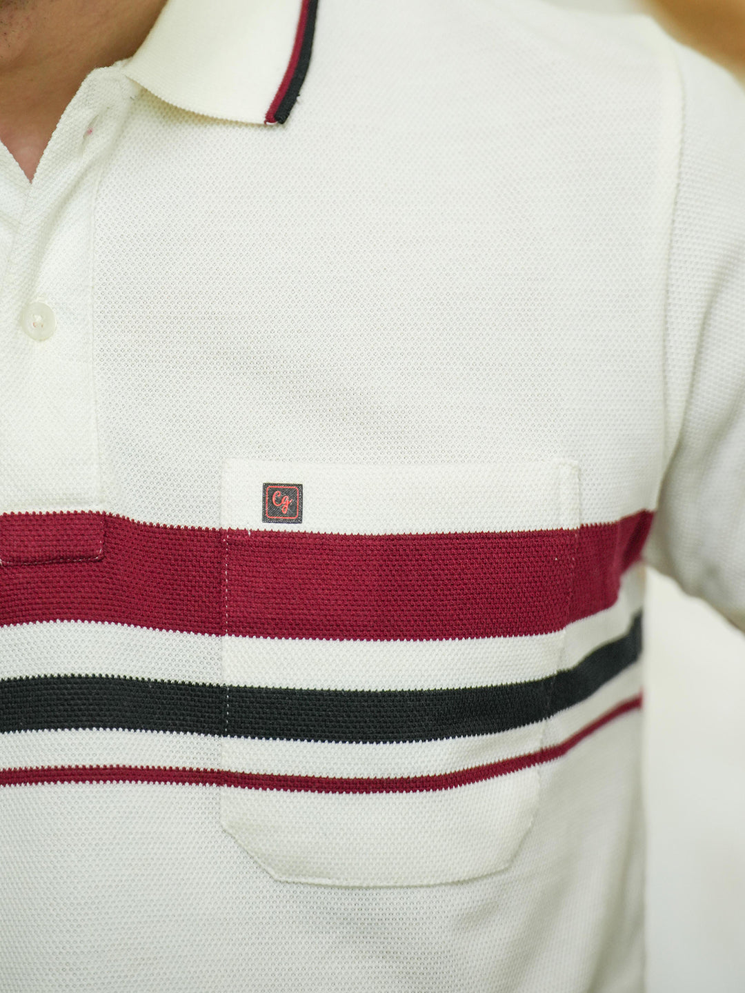 White Horizontal Stripes Polo T Shirt