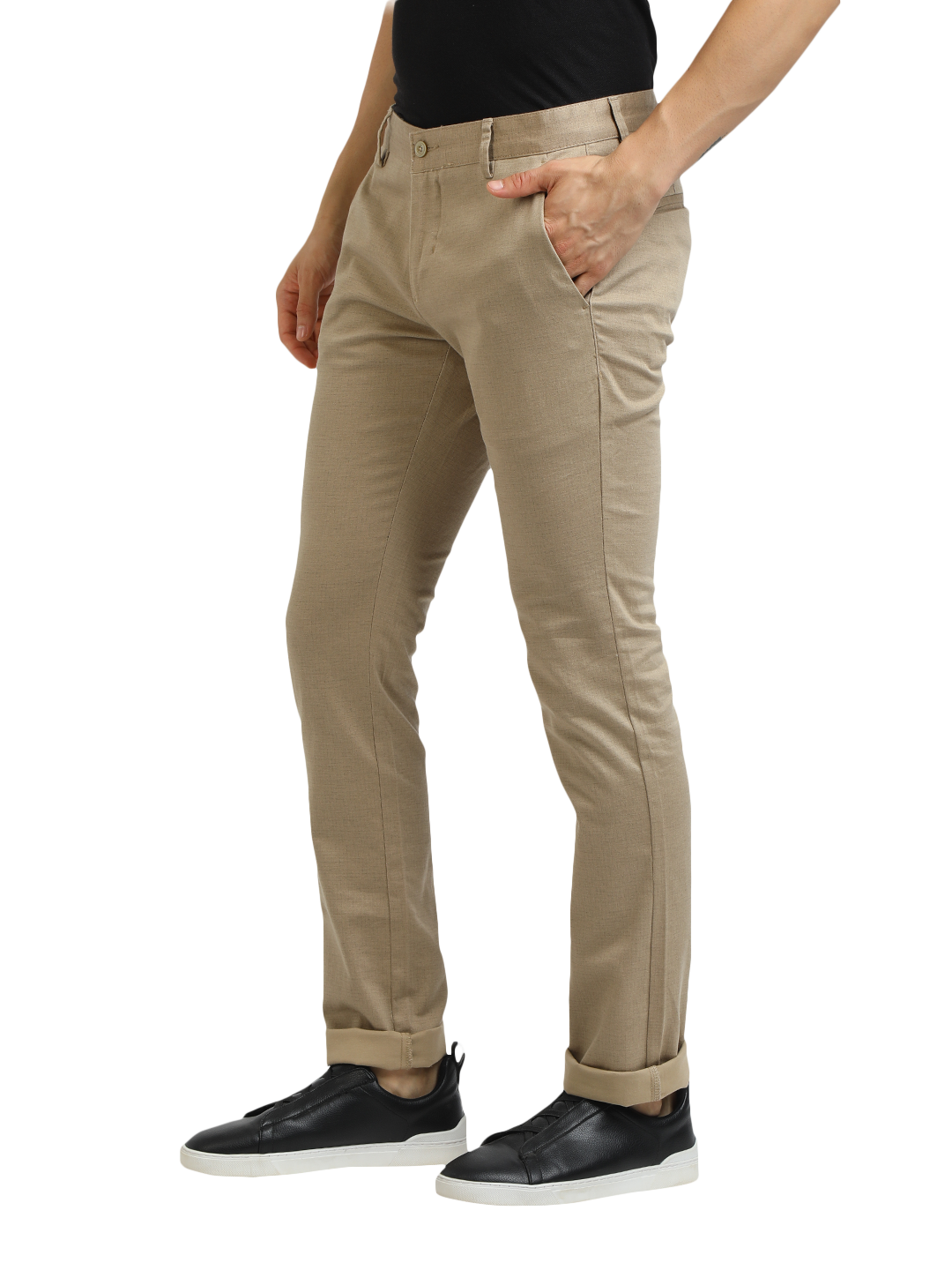 Model wearing Clarke Gable's Khaki Trim Fit Trousers in a casual setting