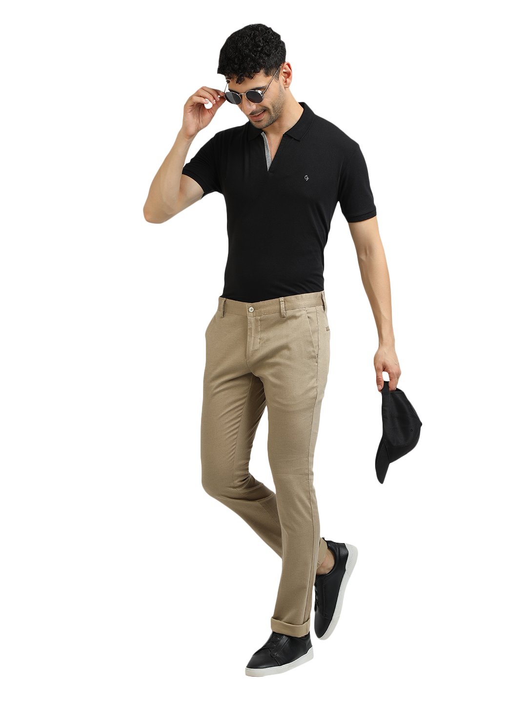 Model wearing Clarke Gable's Khaki Trim Fit Trousers in a casual setting