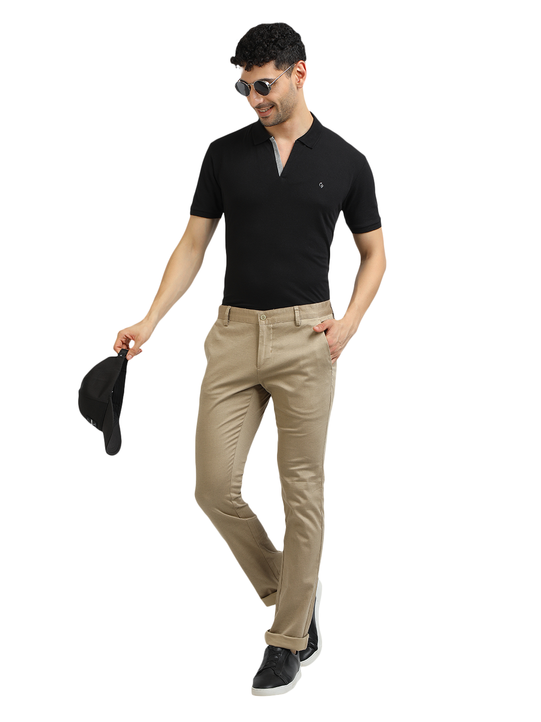 Model wearing Clarke Gable's Khaki Trim Fit Trousers in a casual setting