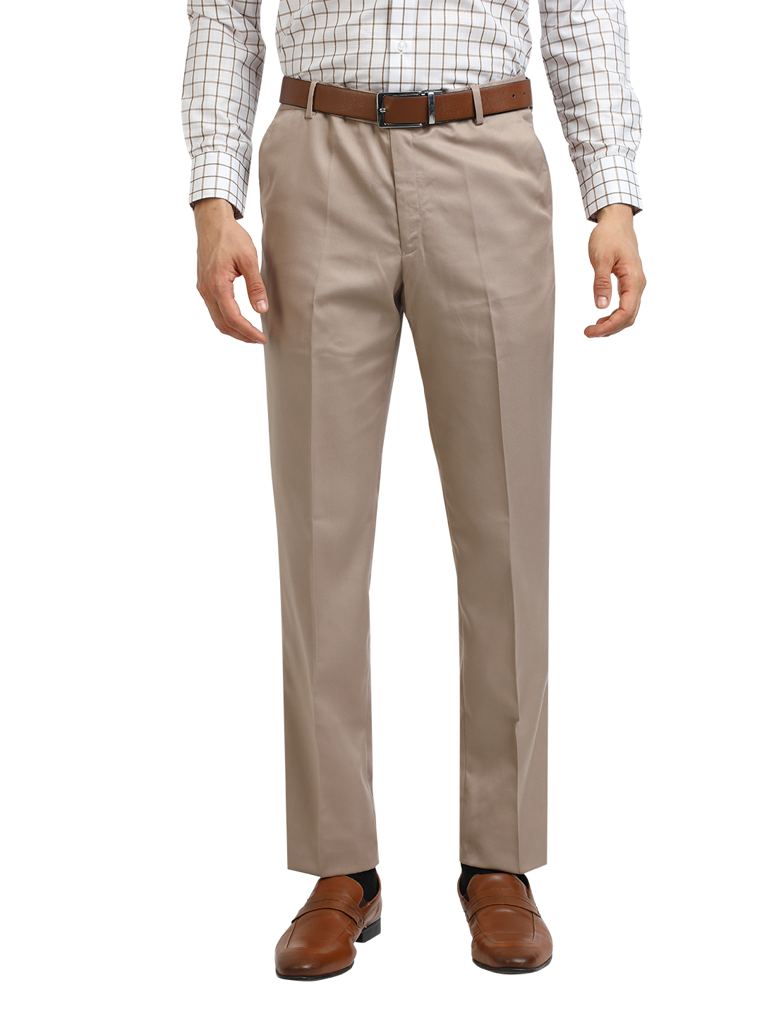 Model wearing Clarke Gable's Light Beige Sharp Fit Trousers in a casual setting