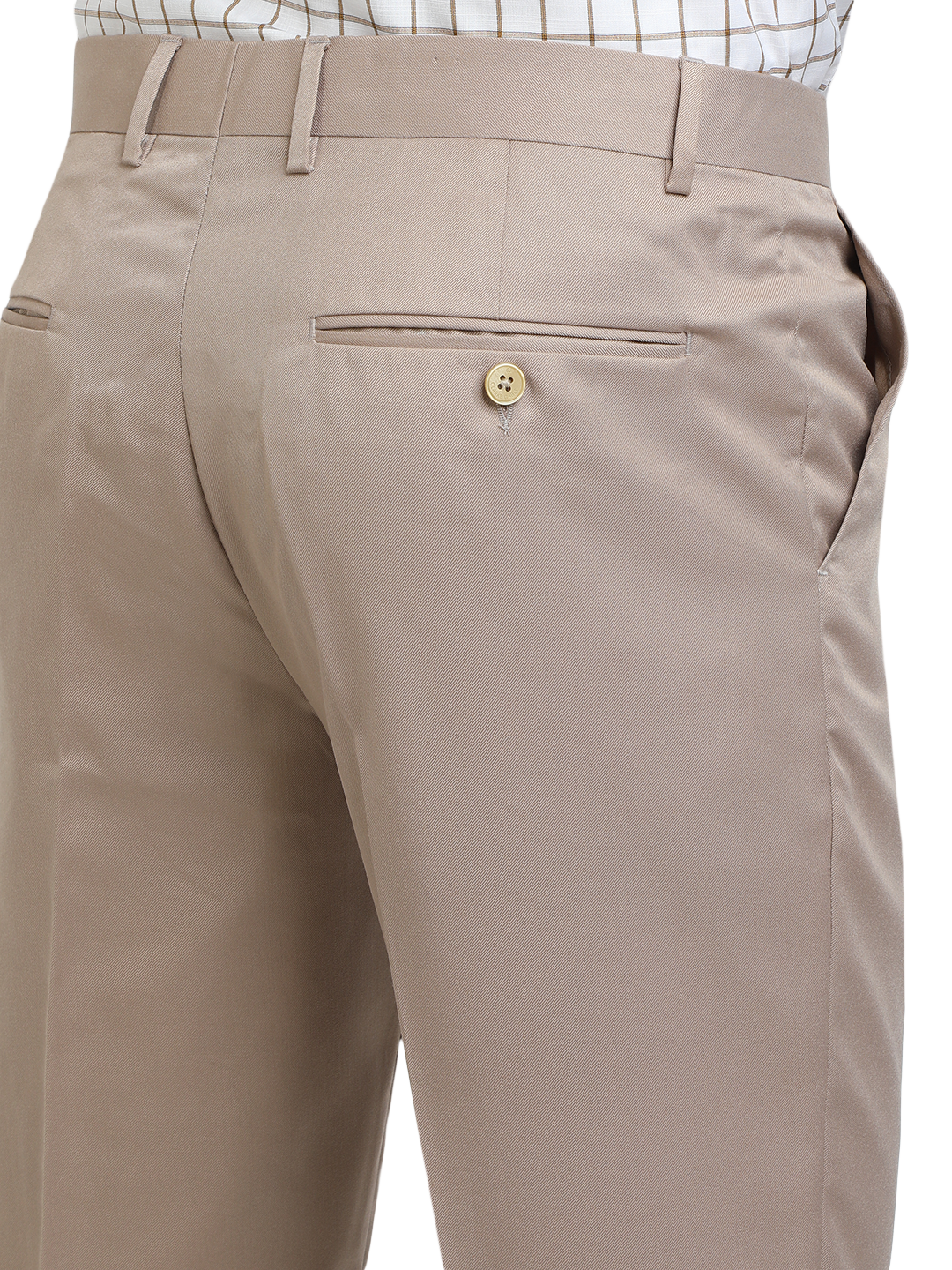Model wearing Clarke Gable's Light Beige Sharp Fit Trousers in a casual setting