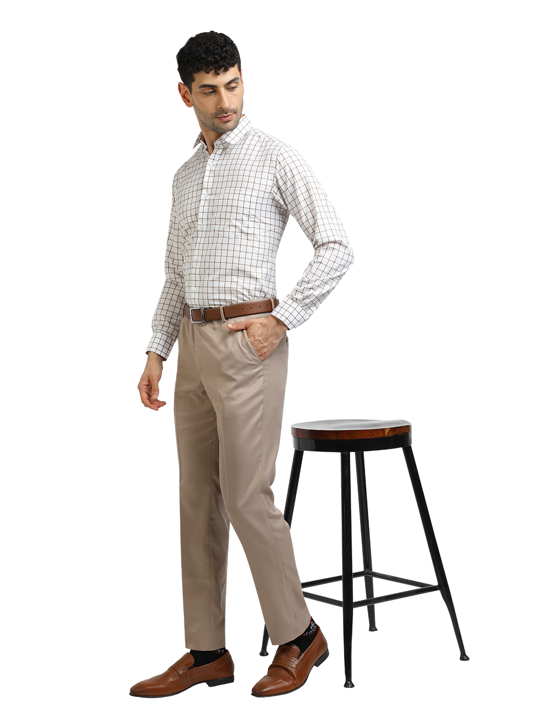 Model wearing Clarke Gable's Light Beige Sharp Fit Trousers in a casual setting