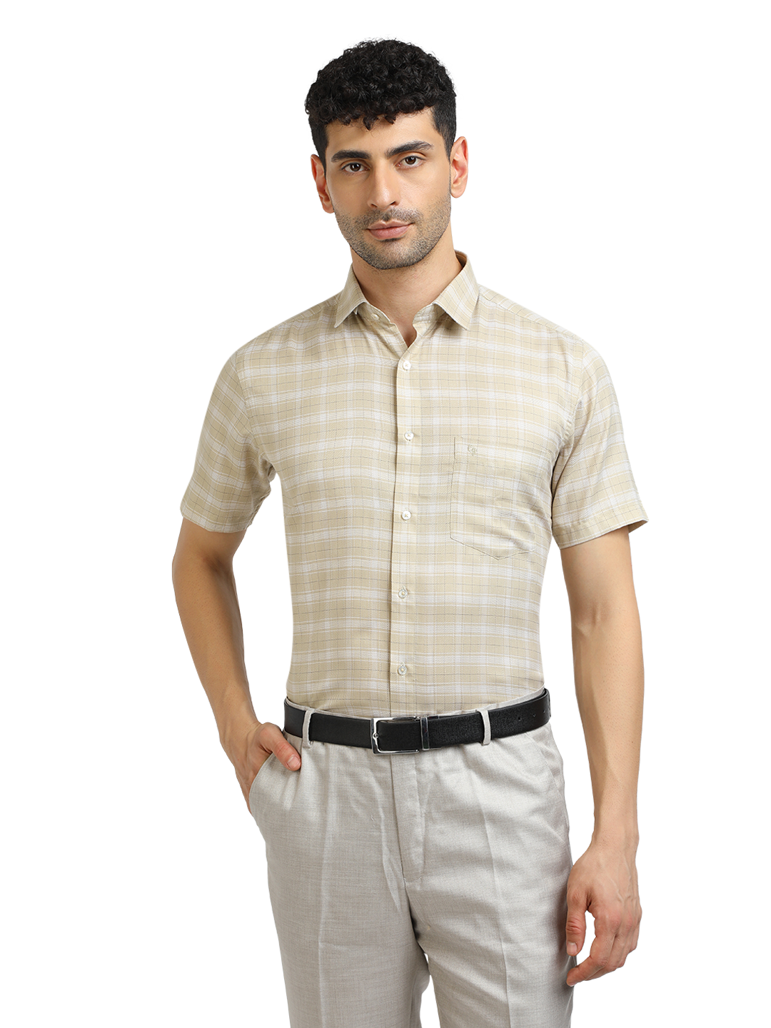 Model wearing Clarke Gable's Light Beige With White Checked Formal Shirt in a casual setting