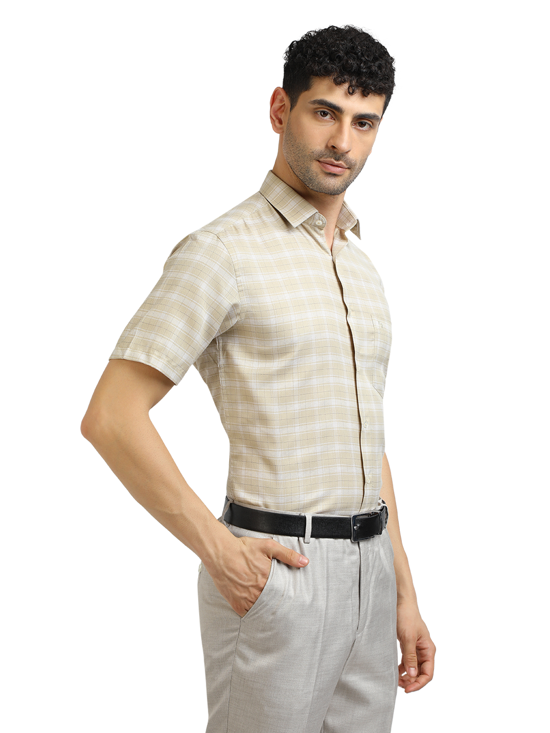 Model wearing Clarke Gable's Light Beige With White Checked Formal Shirt in a casual setting