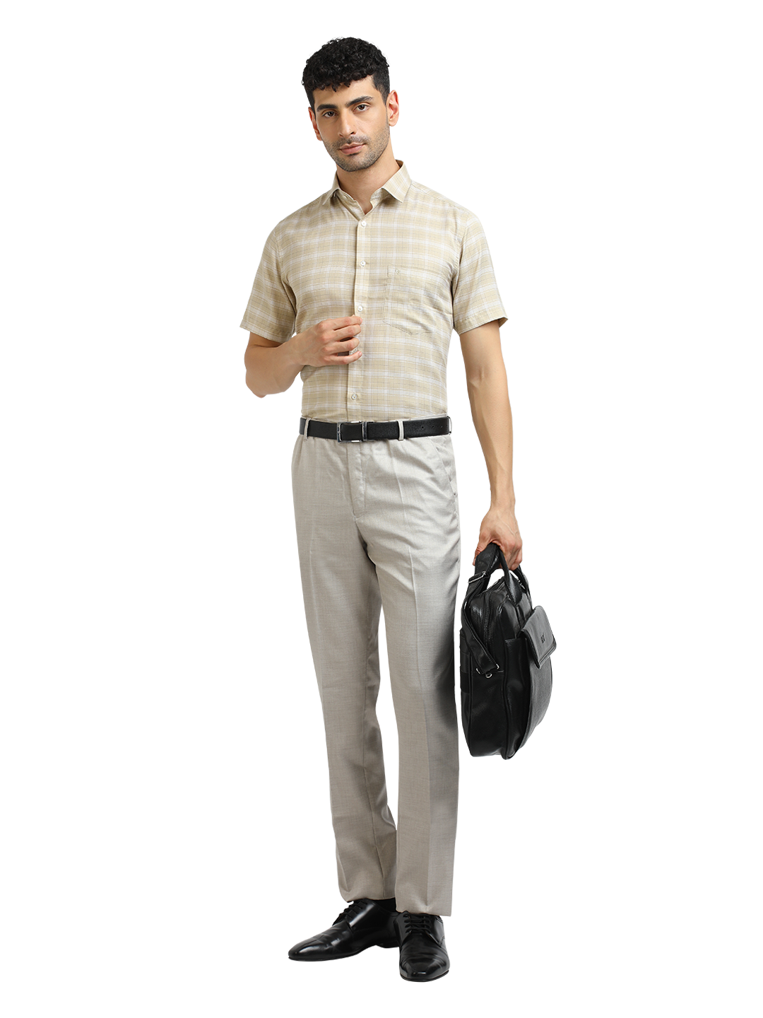 Model wearing Clarke Gable's Light Beige With White Checked Formal Shirt in a casual setting