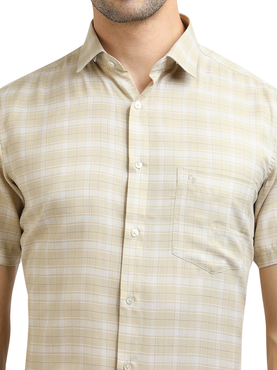 Model wearing Clarke Gable's Light Beige With White Checked Formal Shirt in a casual setting