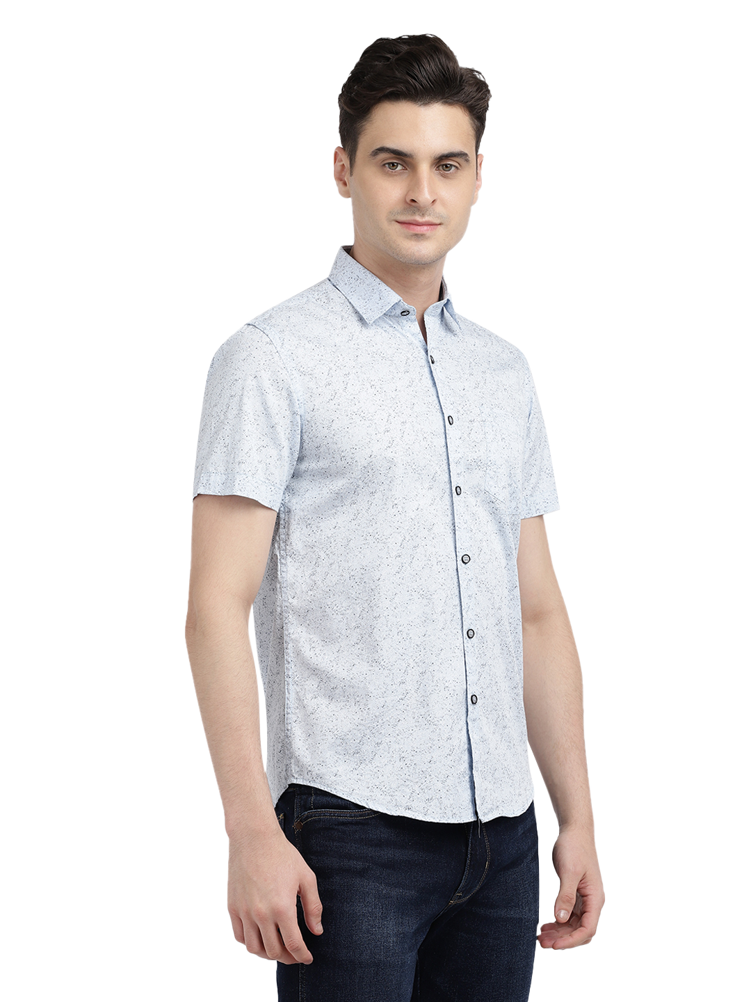 Model wearing Clarke Gable's Light Blue Printed Casual Shirt in a casual setting