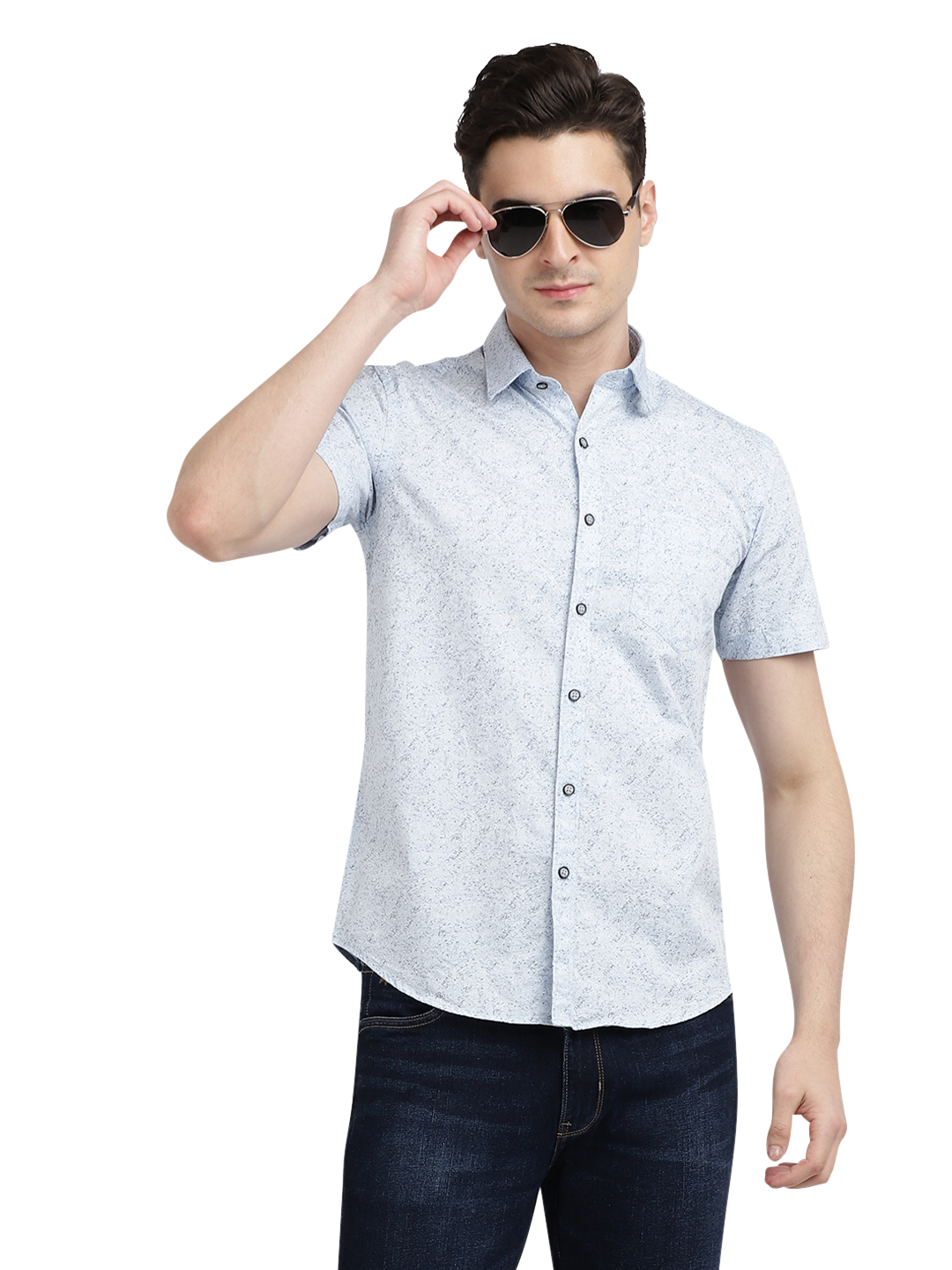 Model wearing Clarke Gable's Light Blue Printed Casual Shirt in a casual setting