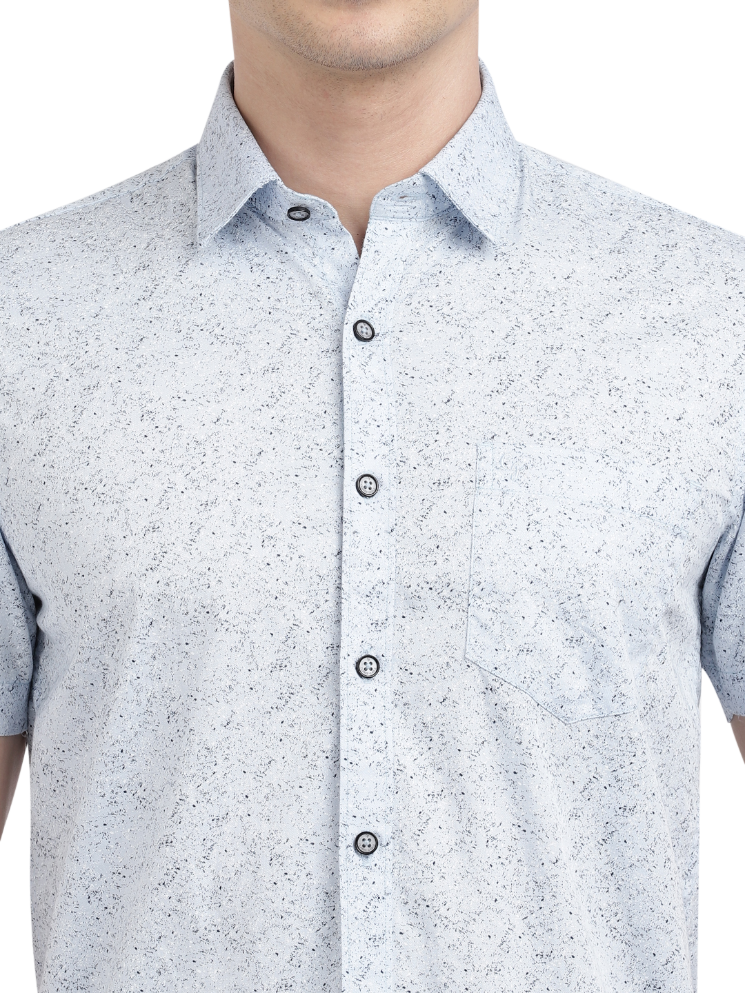Model wearing Clarke Gable's Light Blue Printed Casual Shirt in a casual setting