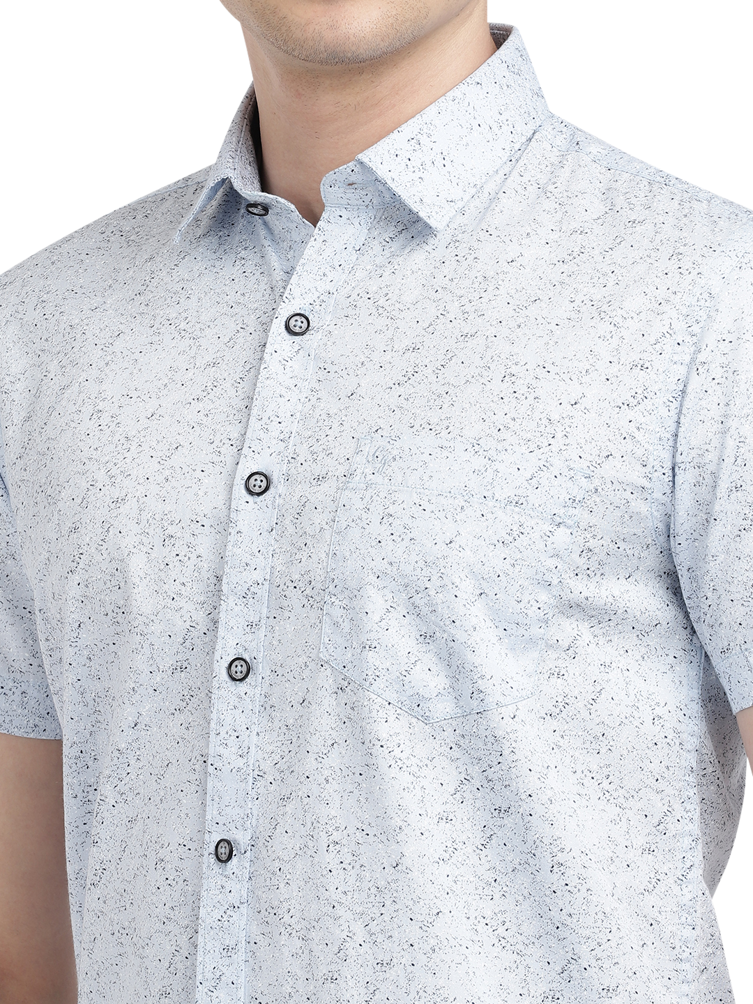 Model wearing Clarke Gable's Light Blue Printed Casual Shirt in a casual setting