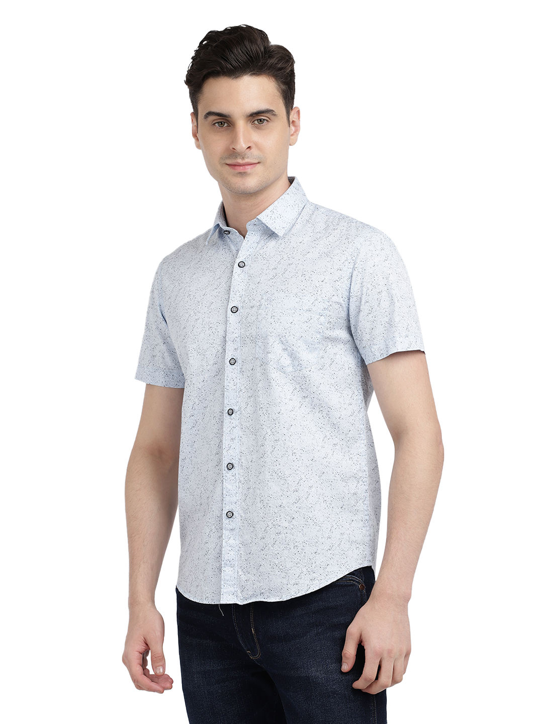 Model wearing Clarke Gable's Light Blue Printed Casual Shirt in a casual setting