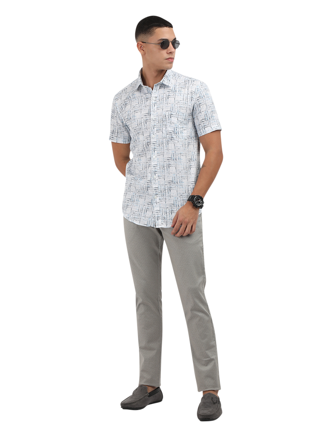 Model wearing Clarke Gable's Light Blue Printed Semi Casual Shirt in a casual setting