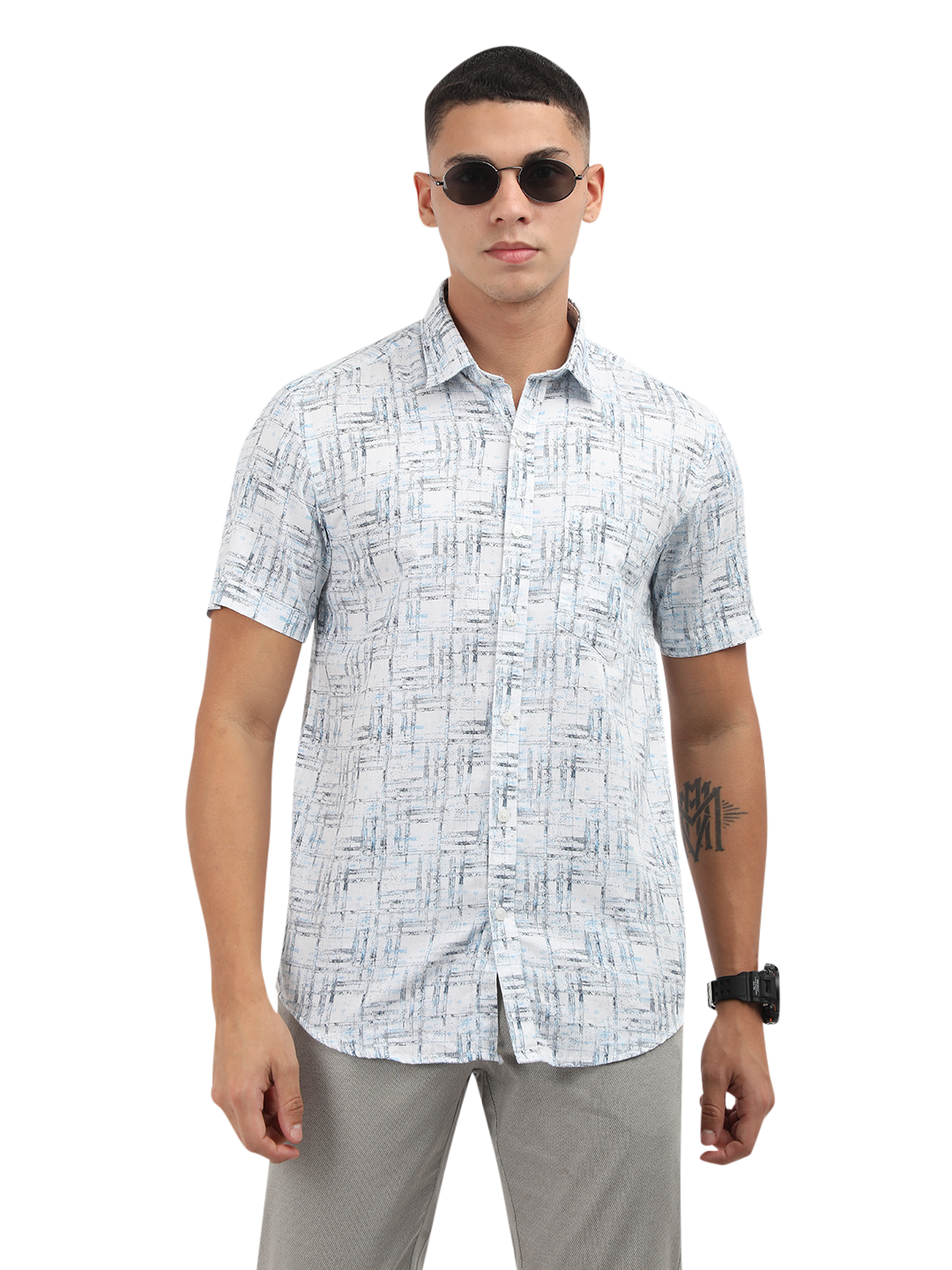 Model wearing Clarke Gable's Light Blue Printed Semi Casual Shirt in a casual setting