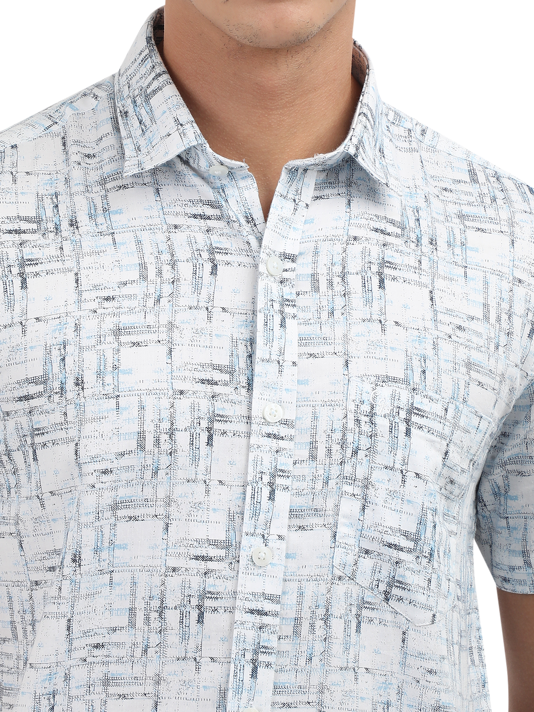 Model wearing Clarke Gable's Light Blue Printed Semi Casual Shirt in a casual setting