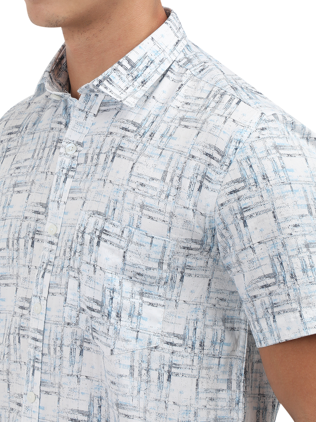 Model wearing Clarke Gable's Light Blue Printed Semi Casual Shirt in a casual setting