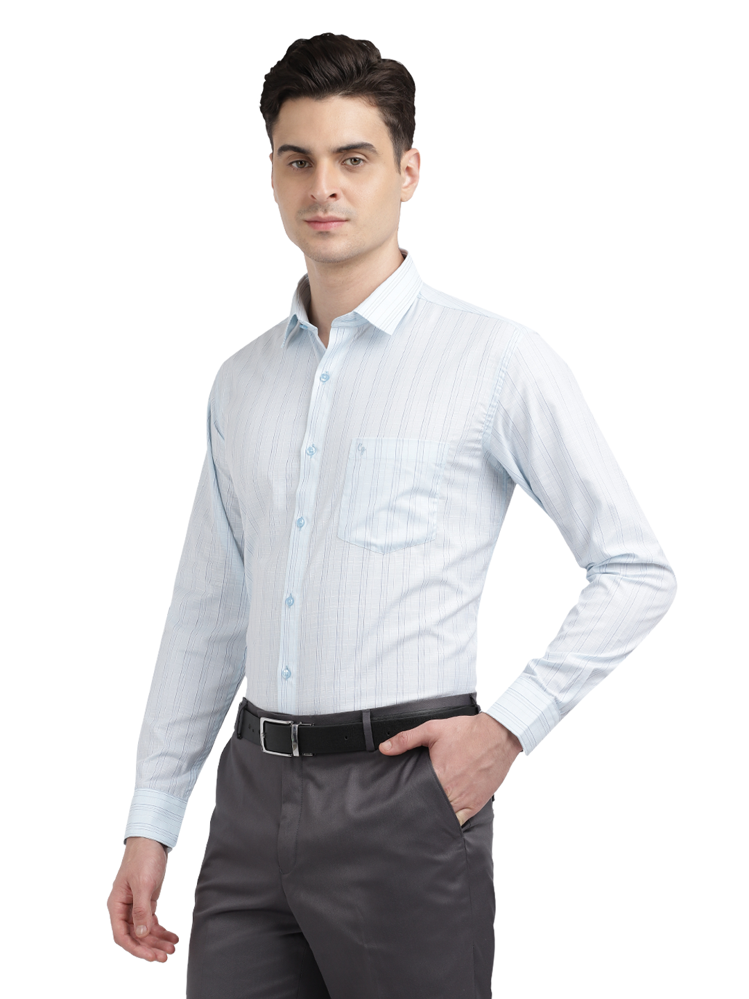 Model wearing Clarke Gable's Light Blue Striped Formal Shirt in a casual setting