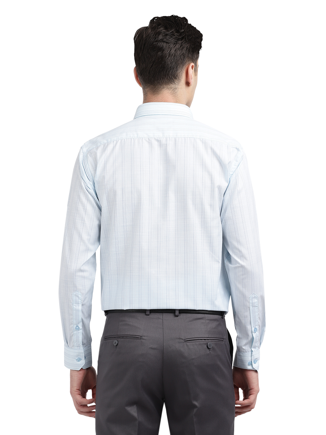 Model wearing Clarke Gable's Light Blue Striped Formal Shirt in a casual setting