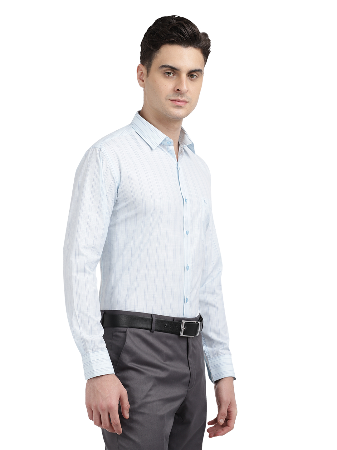 Model wearing Clarke Gable's Light Blue Striped Formal Shirt in a casual setting