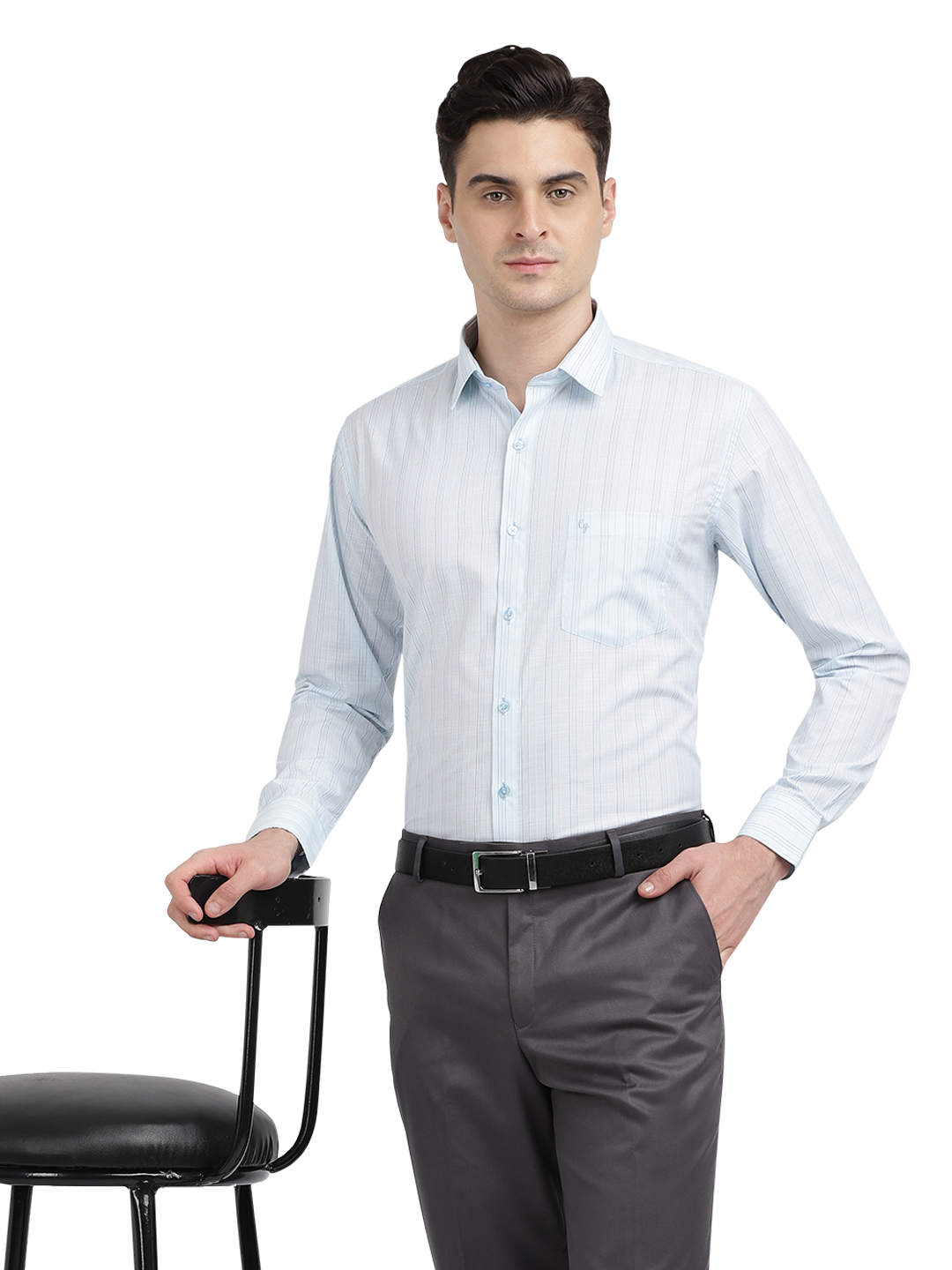 Model wearing Clarke Gable's Light Blue Striped Formal Shirt in a casual setting