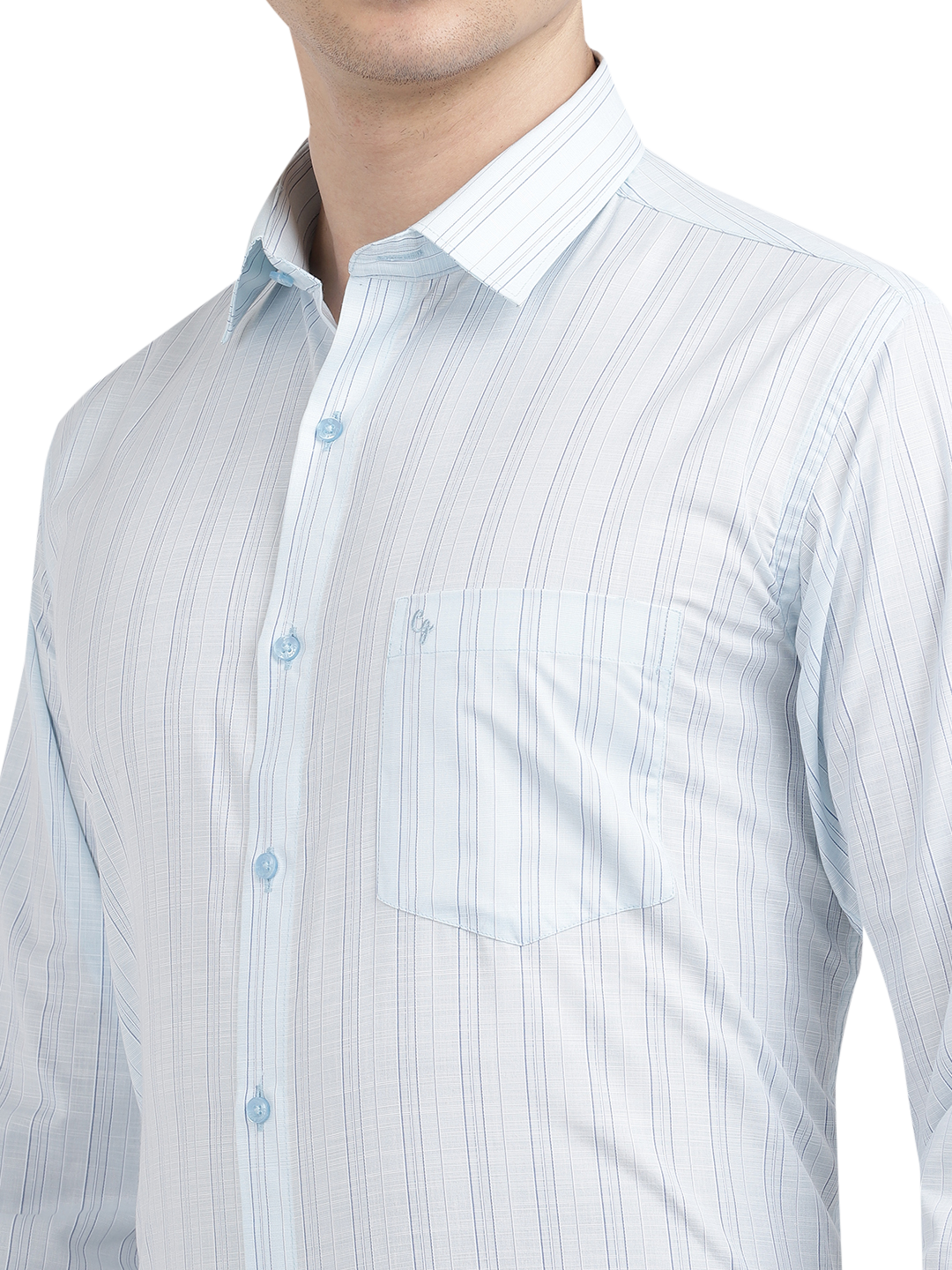 Model wearing Clarke Gable's Light Blue Striped Formal Shirt in a casual setting