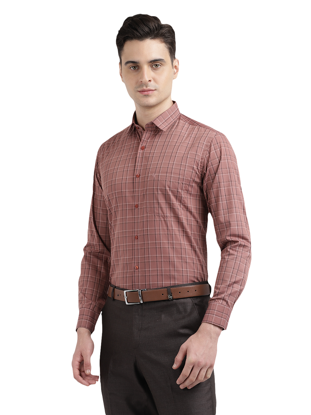 Model wearing Clarke Gable's Light Brown Checked Formal Shirt in a casual setting