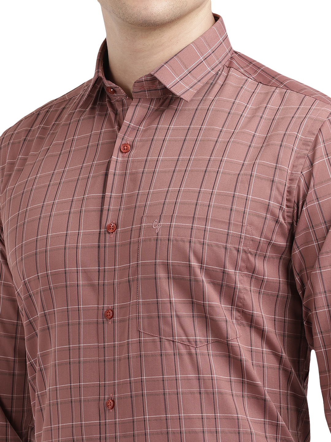 Model wearing Clarke Gable's Light Brown Checked Formal Shirt in a casual setting