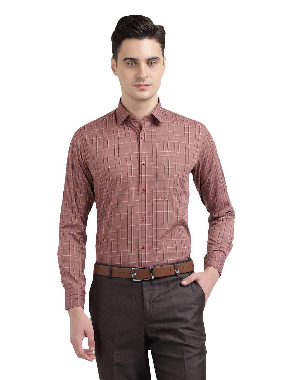 Model wearing Clarke Gable's Light Brown Checked Formal Shirt in a casual setting