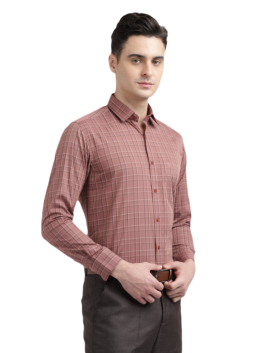 Model wearing Clarke Gable's Light Brown Checked Formal Shirt in a casual setting