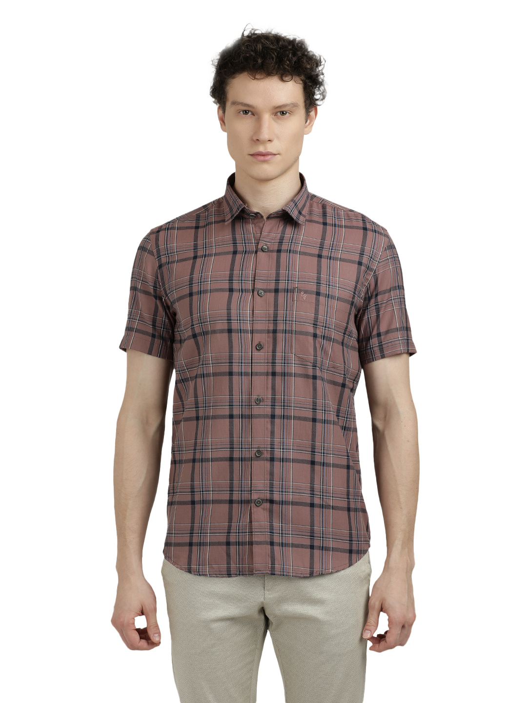 Model wearing Clarke Gable's Light Brown Checked Semi Casual Shirt in a casual setting