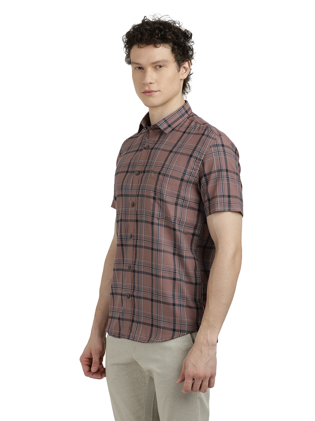 Model wearing Clarke Gable's Light Brown Checked Semi Casual Shirt in a casual setting