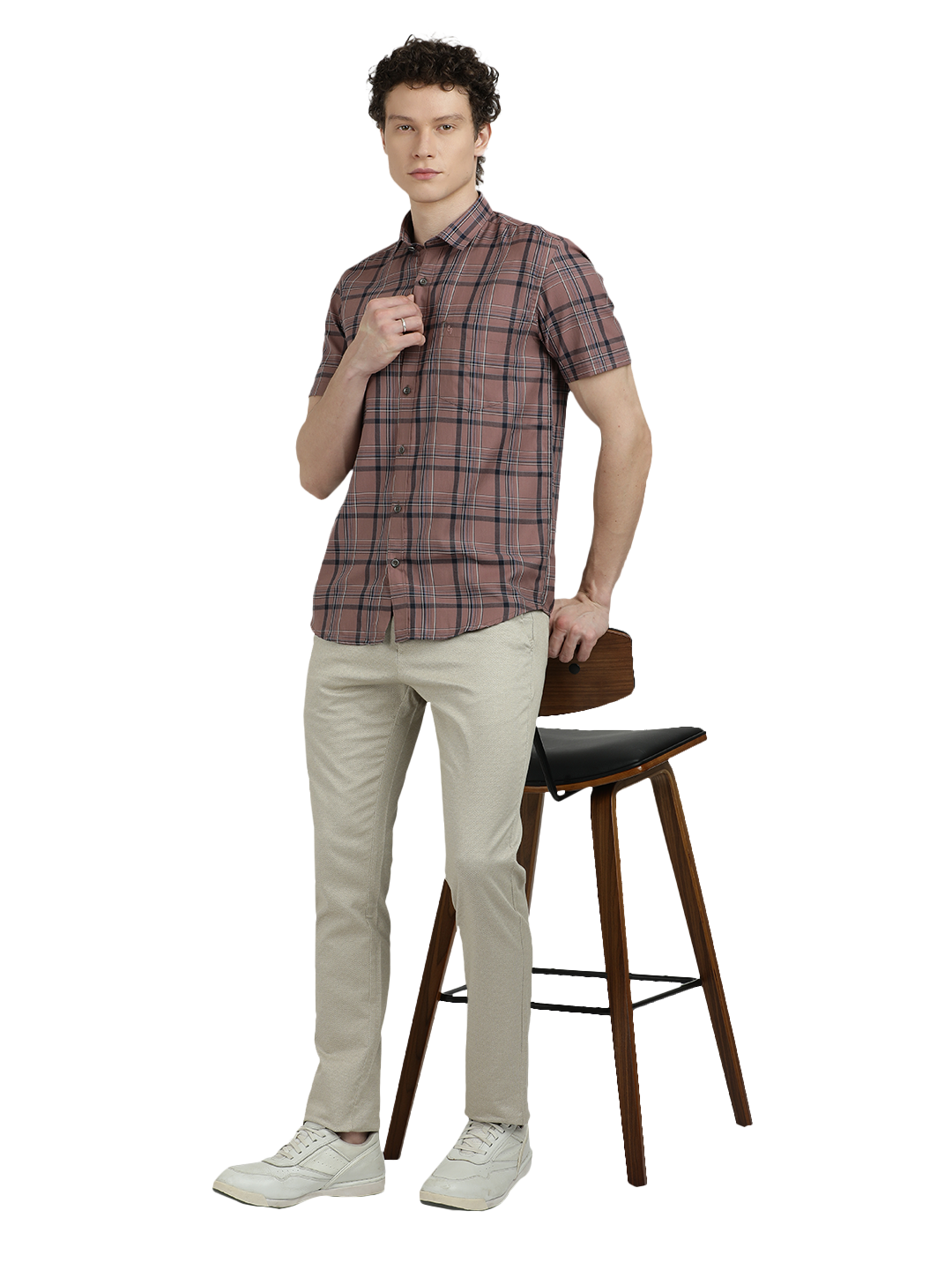 Model wearing Clarke Gable's Light Brown Checked Semi Casual Shirt in a casual setting