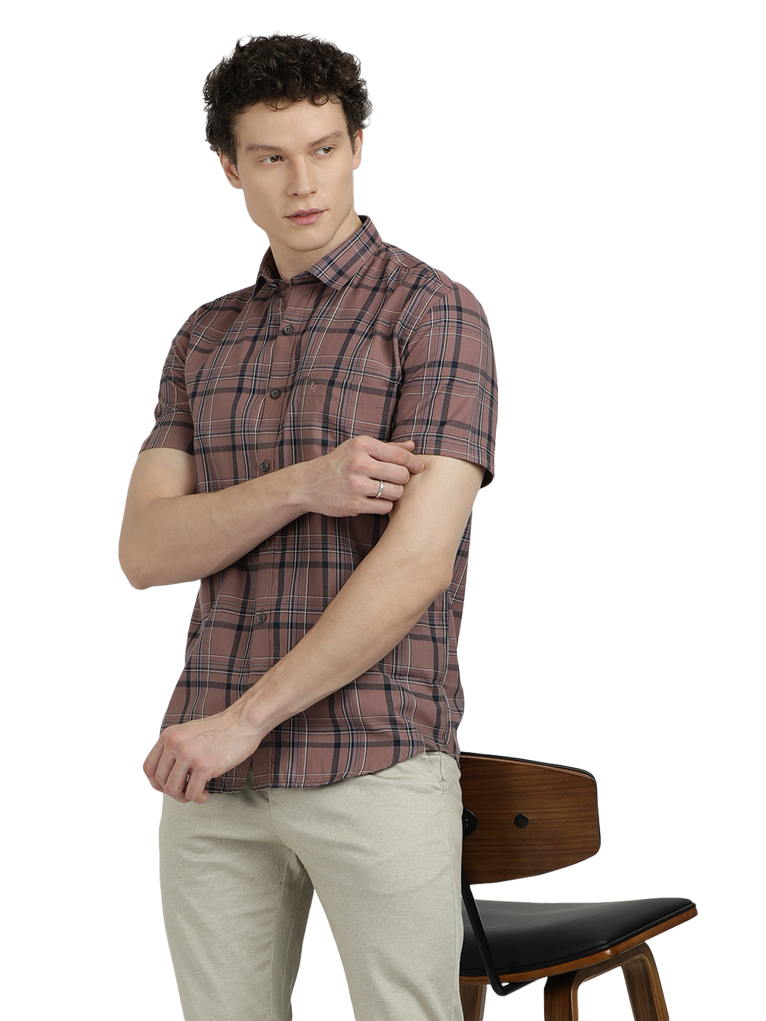 Model wearing Clarke Gable's Light Brown Checked Semi Casual Shirt in a casual setting
