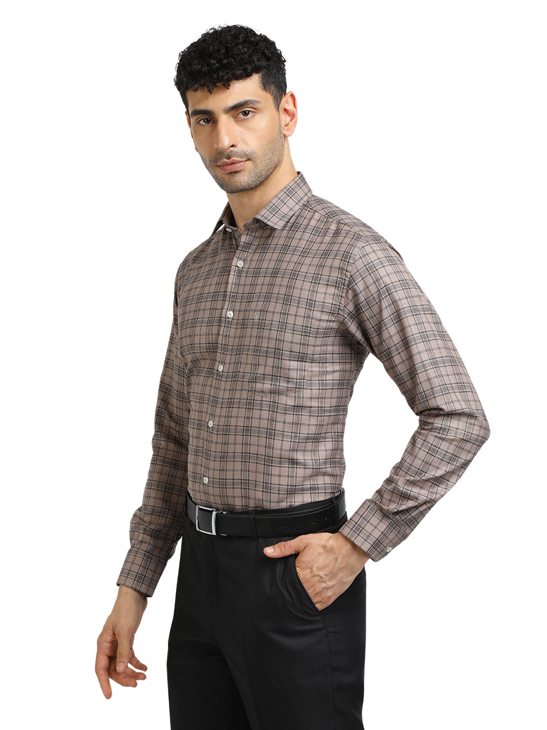 Model wearing Clarke Gable's Light Brown With Black Checked Formal Shirt in a casual setting
