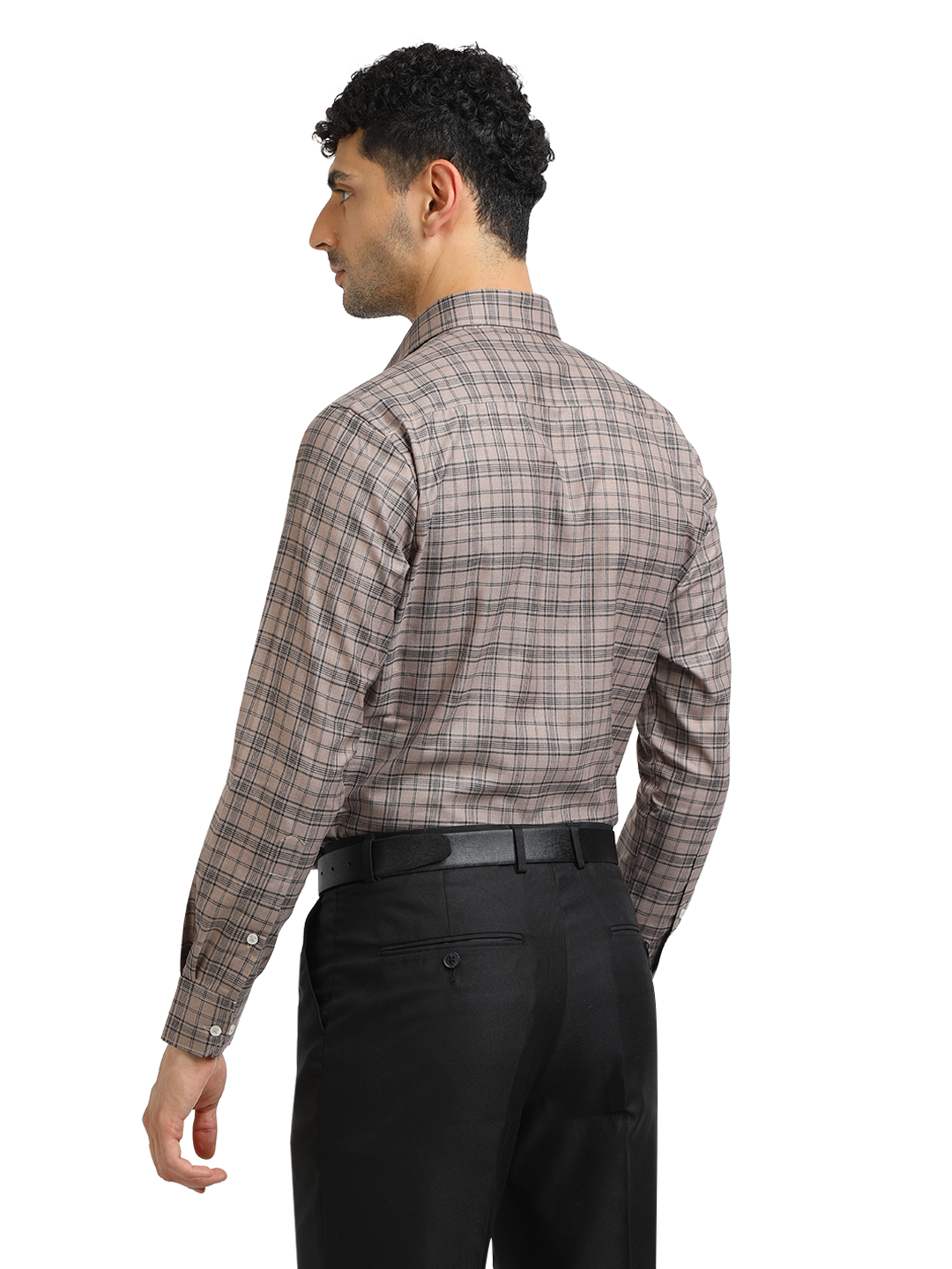 Model wearing Clarke Gable's Light Brown With Black Checked Formal Shirt in a casual setting