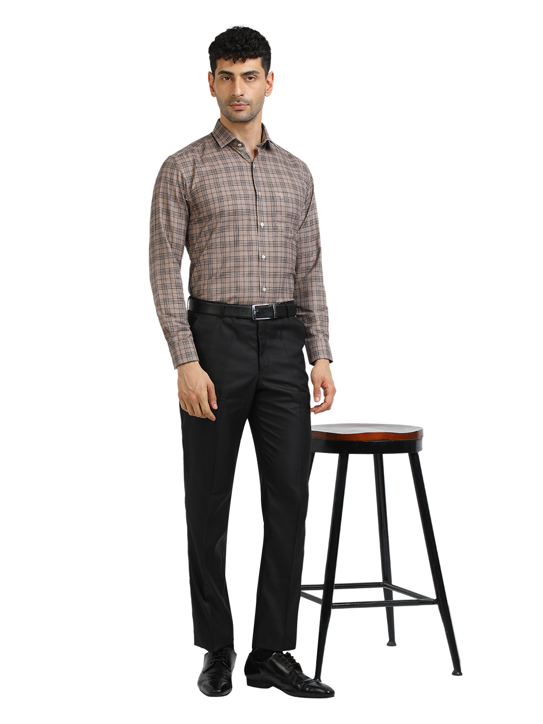 Model wearing Clarke Gable's Light Brown With Black Checked Formal Shirt in a casual setting