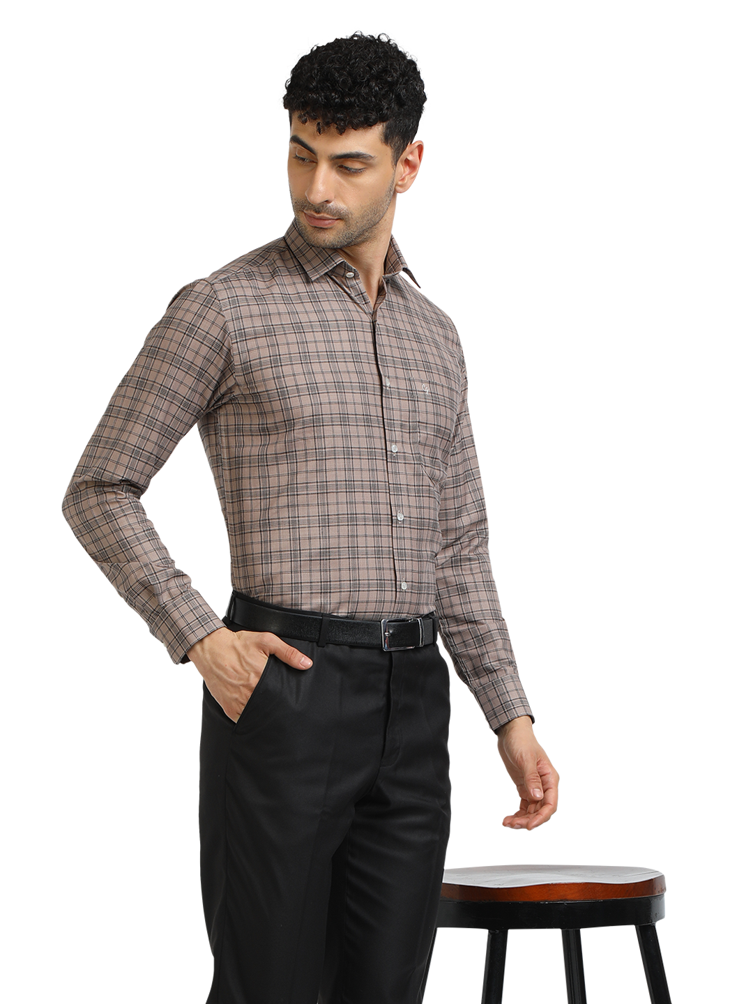 Model wearing Clarke Gable's Light Brown With Black Checked Formal Shirt in a casual setting