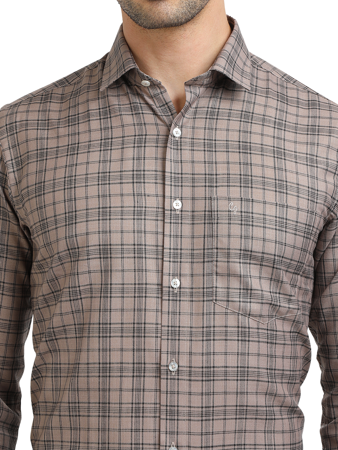 Model wearing Clarke Gable's Light Brown With Black Checked Formal Shirt in a casual setting