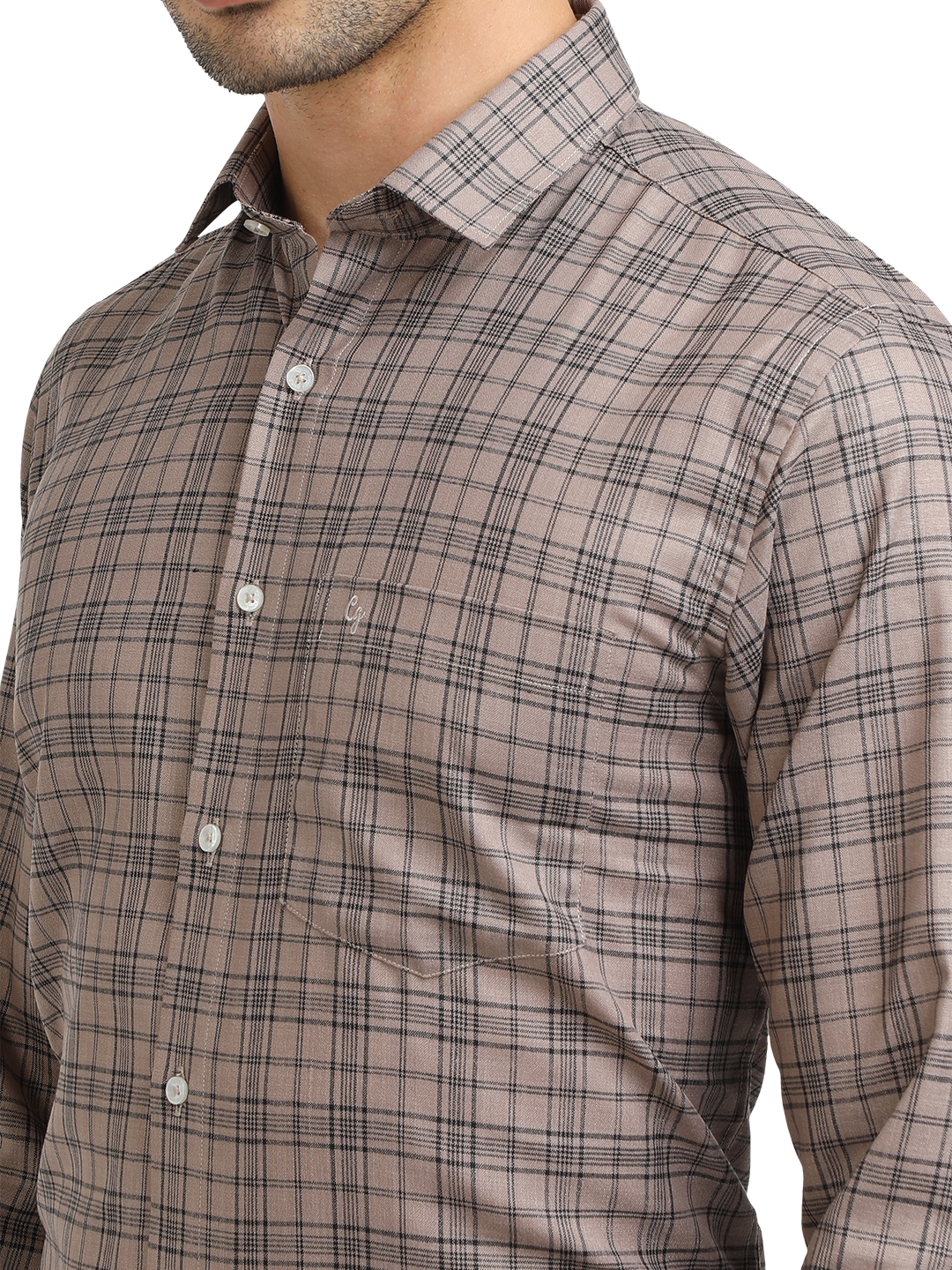 Model wearing Clarke Gable's Light Brown With Black Checked Formal Shirt in a casual setting