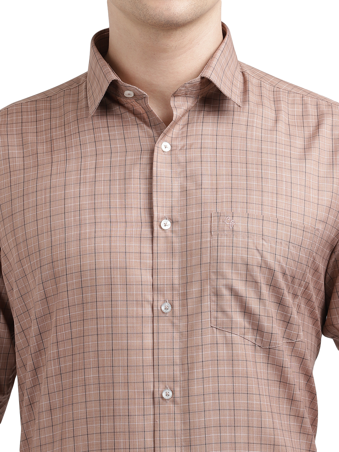 Model wearing Clarke Gable's Light Brown With White Checked Formal Shirt in a casual setting