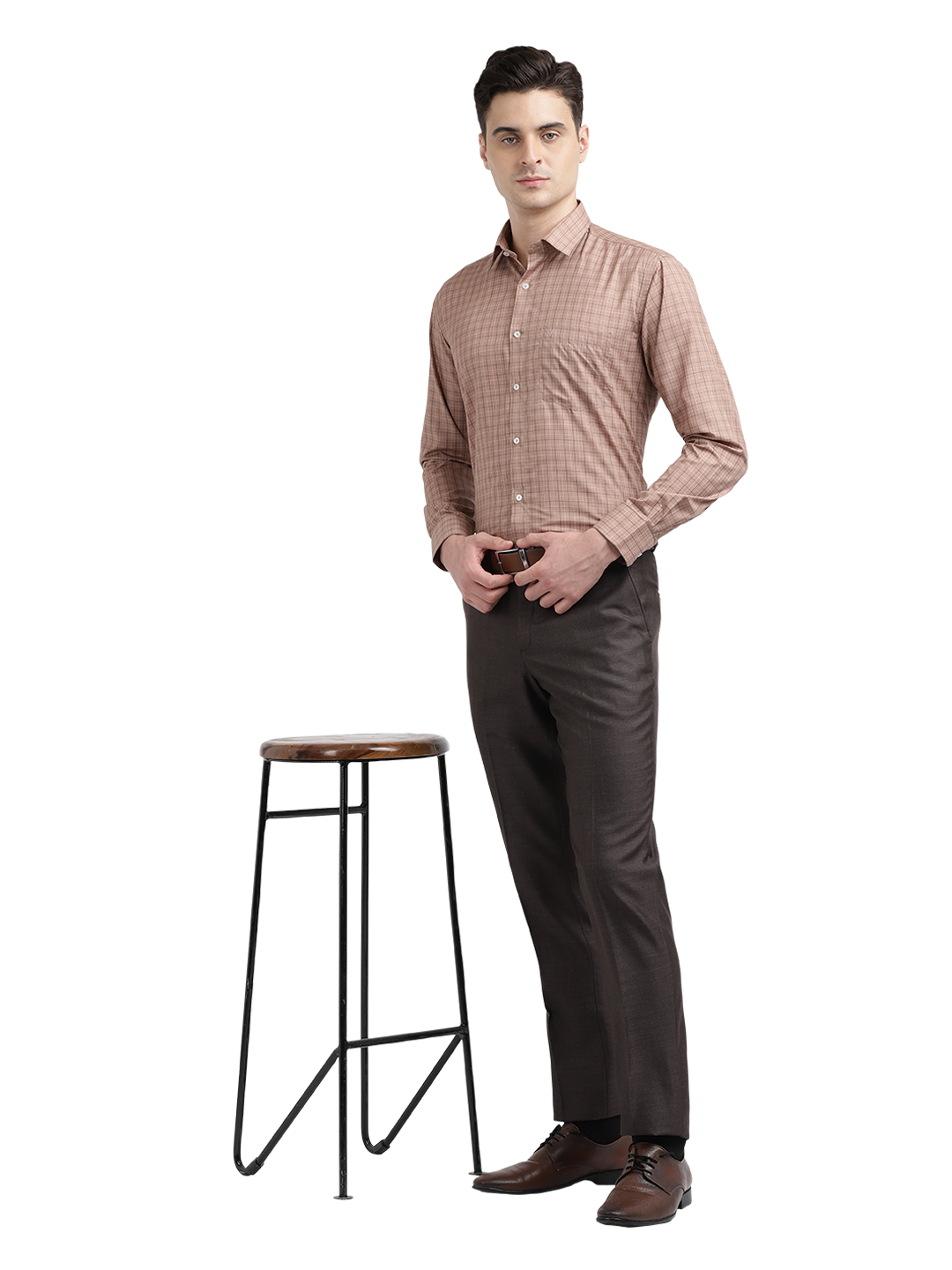 Model wearing Clarke Gable's Light Brown With White Checked Formal Shirt in a casual setting