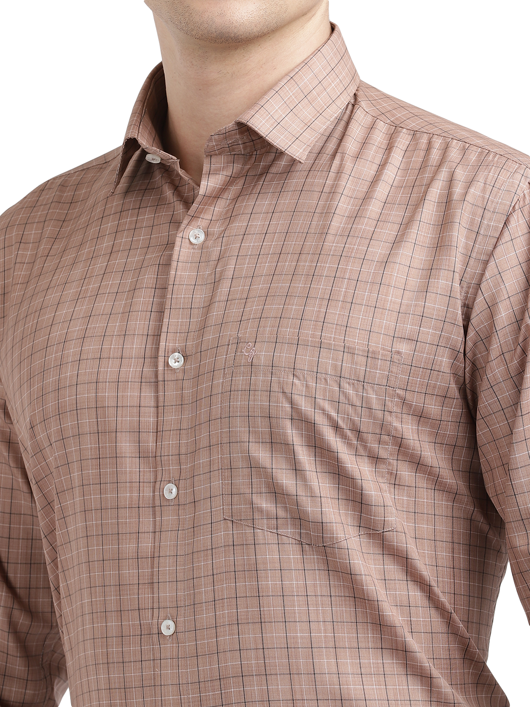 Model wearing Clarke Gable's Light Brown With White Checked Formal Shirt in a casual setting