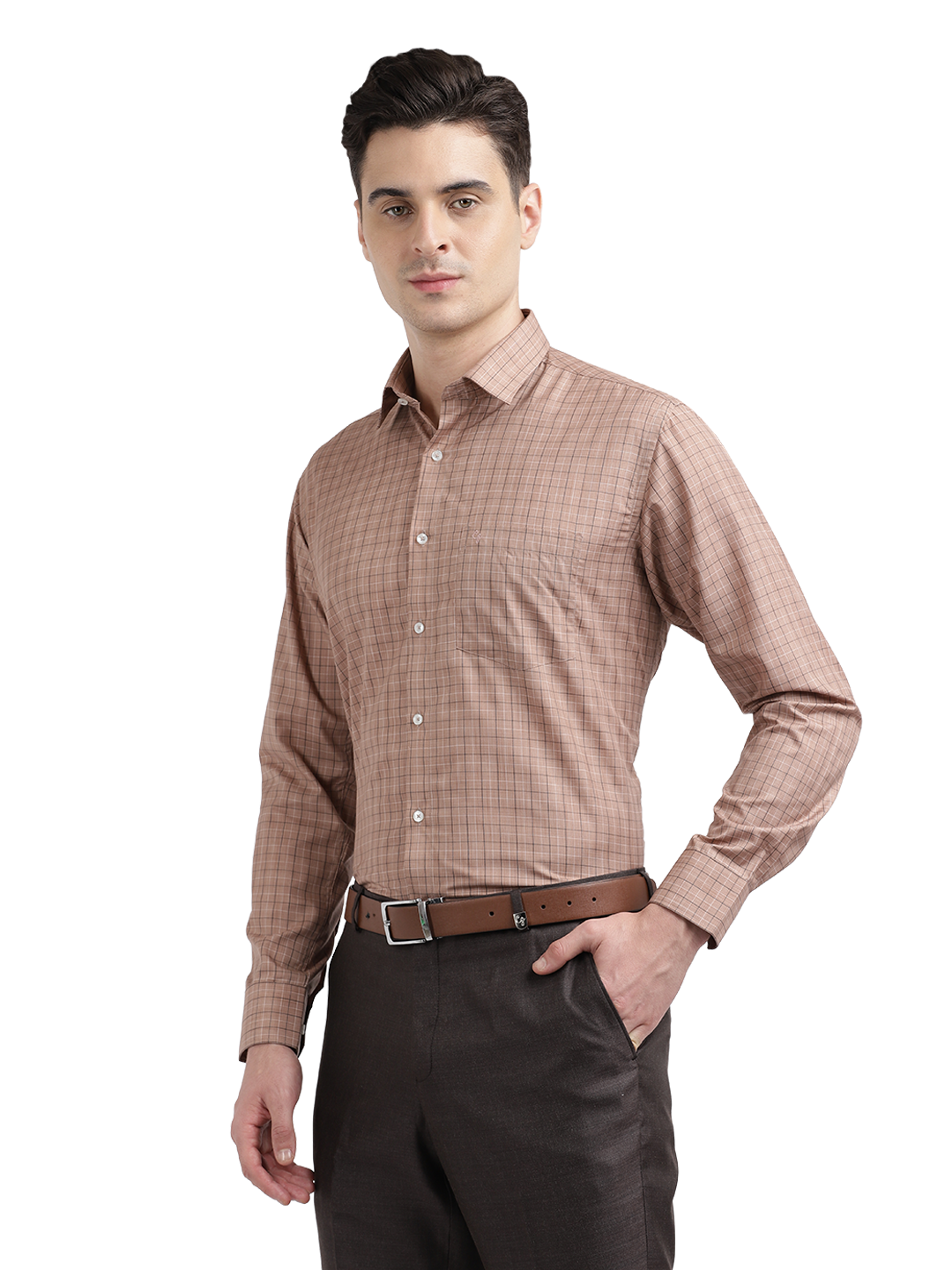 Model wearing Clarke Gable's Light Brown With White Checked Formal Shirt in a casual setting