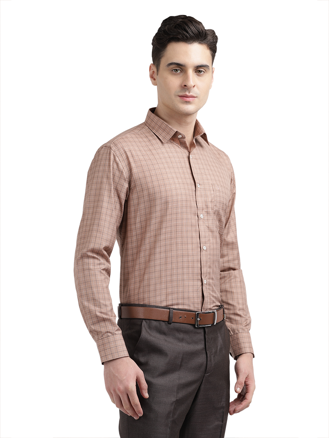 Model wearing Clarke Gable's Light Brown With White Checked Formal Shirt in a casual setting