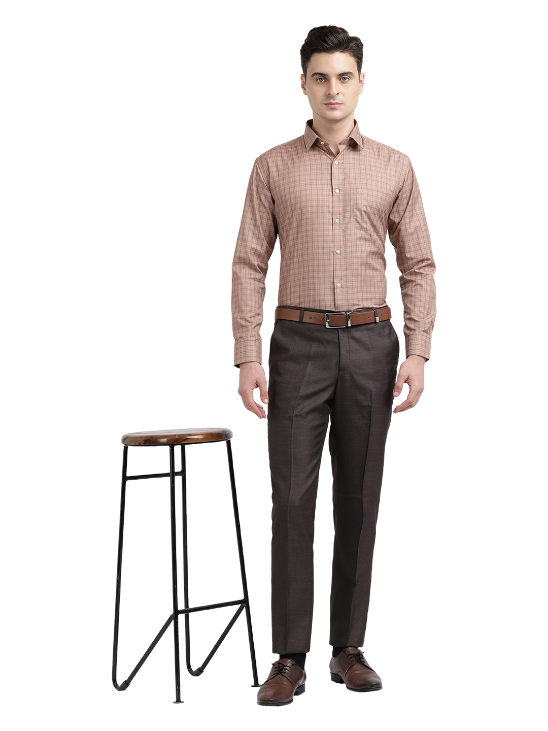 Model wearing Clarke Gable's Light Brown With White Checked Formal Shirt in a casual setting