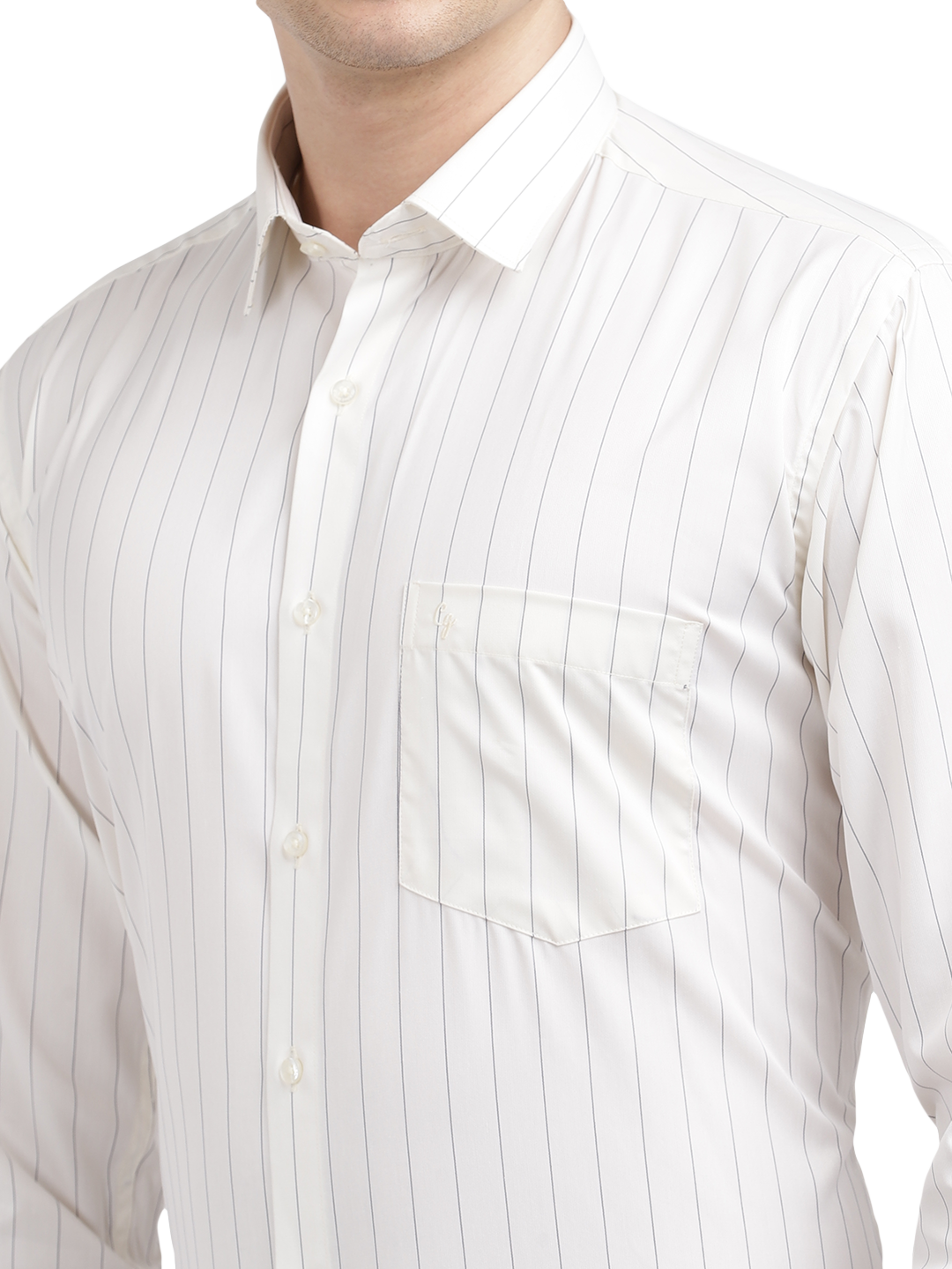 Model wearing Clarke Gable's Light Cream Striped Formal Shirt in a casual setting