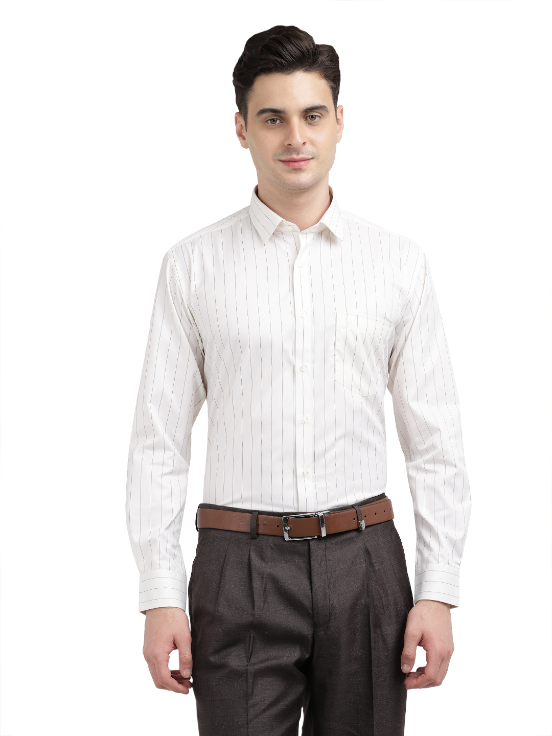 Model wearing Clarke Gable's Light Cream Striped Formal Shirt in a casual setting