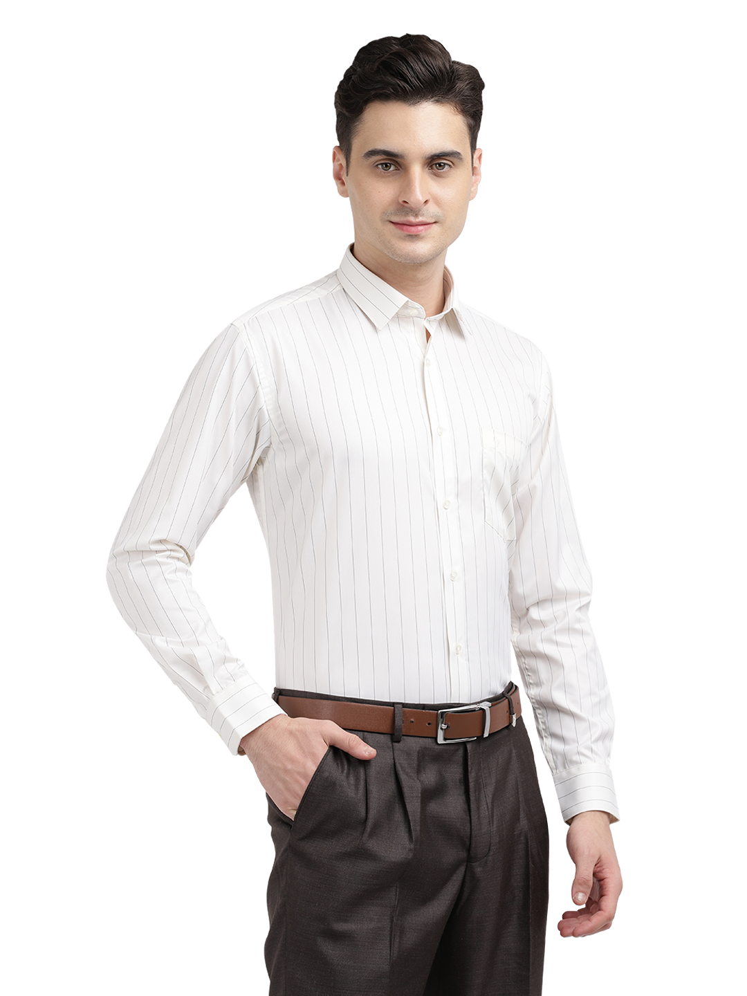 Model wearing Clarke Gable's Light Cream Striped Formal Shirt in a casual setting
