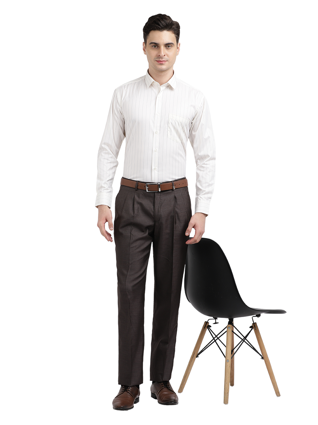 Model wearing Clarke Gable's Light Cream Striped Formal Shirt in a casual setting