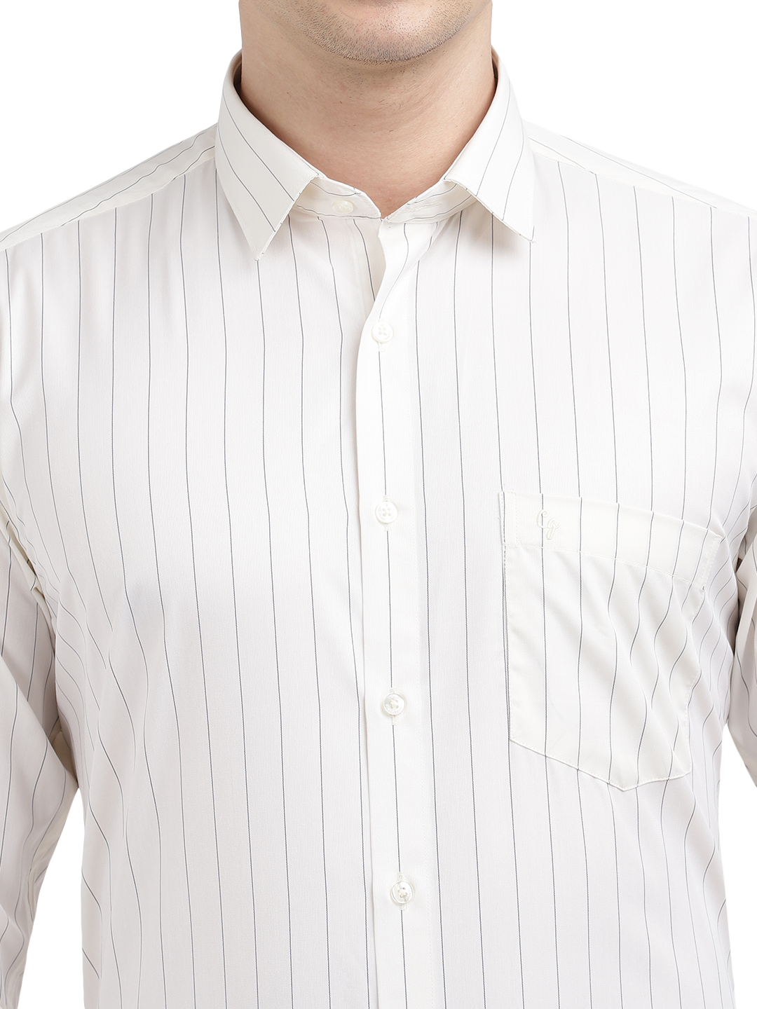 Model wearing Clarke Gable's Light Cream Striped Formal Shirt in a casual setting